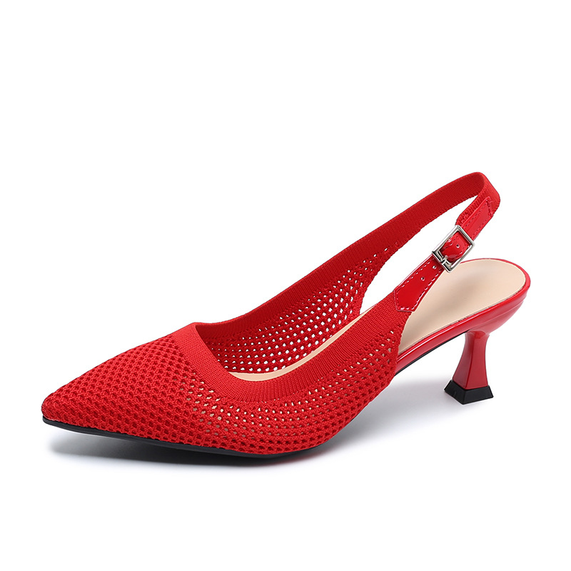 2026 Summer Women's Plus Size Knit Pointed Toe Sandals Ankle Strap 2.5 Inch Heels