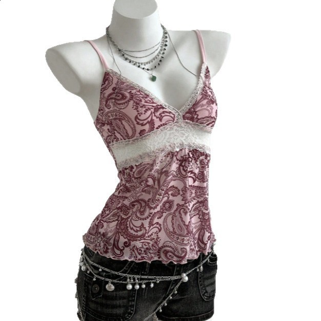 Harajuku Vintage Aesthetic Womens Casual Camisole Tee Sexy Slim Chic Floral Print Crop Top Y2K Grunge Punk Emo Girls Streetwear 250415