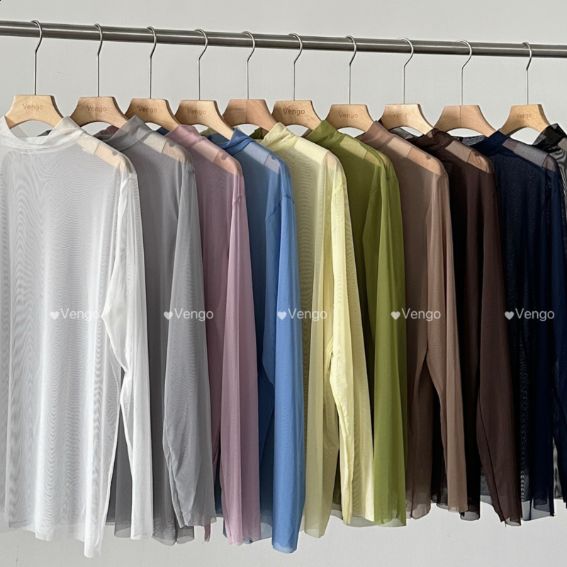 INCERUN Men T Shirt Mesh Long Sleeve See Through Turtleneck Male Tee Tops Sexy Streetwear Fashion Casual Men Clothing Solid 260122