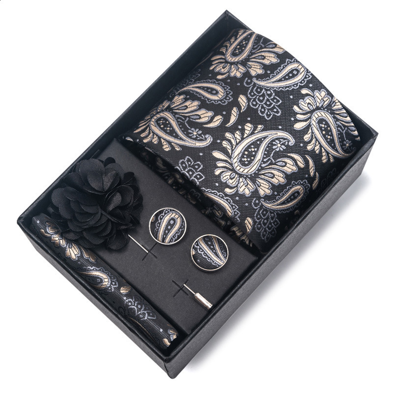 Stripes Silk Ties for Men Wedding Accessories Mens Necktie Pocket Square Cufflinks Pin And Elegant Gift Box 260403