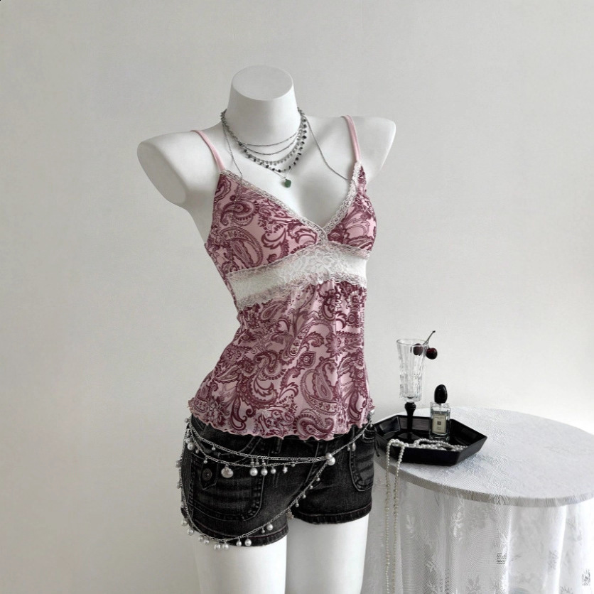Harajuku Vintage Aesthetic Womens Casual Camisole Tee Sexy Slim Chic Floral Print Crop Top Y2K Grunge Punk Emo Girls Streetwear 250415