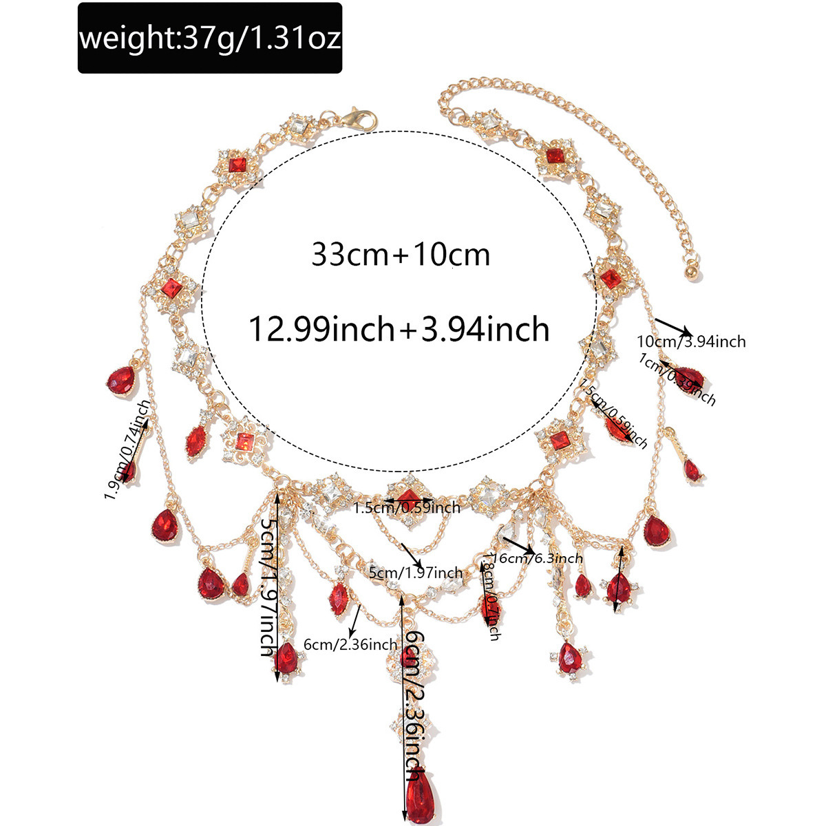 Gothic necklace wholesale, heavy industry tassel red gemstone pendant, high-end retro French layered collarbone chain for women