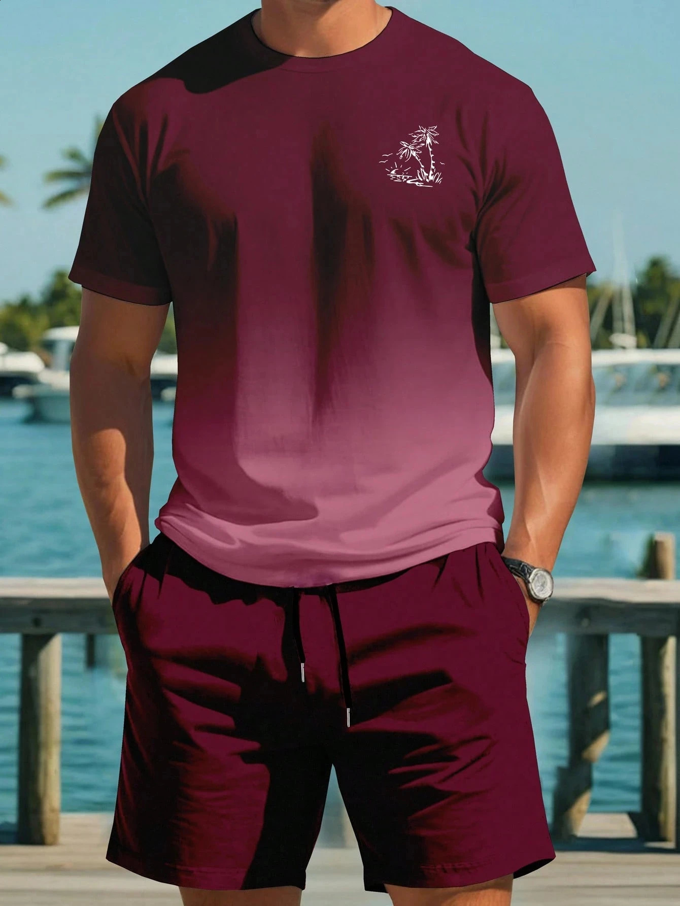 Palm Tree Printed Men Spring and Summer Two Pieces Set Casual Round Neck Short Sleeve Tshirt Shorts Sport Suit Print Clothing 260520