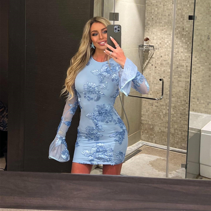 Beyprern Glam Rose Pink Floral Backless Short Party Dress Elegant Party Dresses For Women Long Sleeve Embroidered Birthday Dress 241213