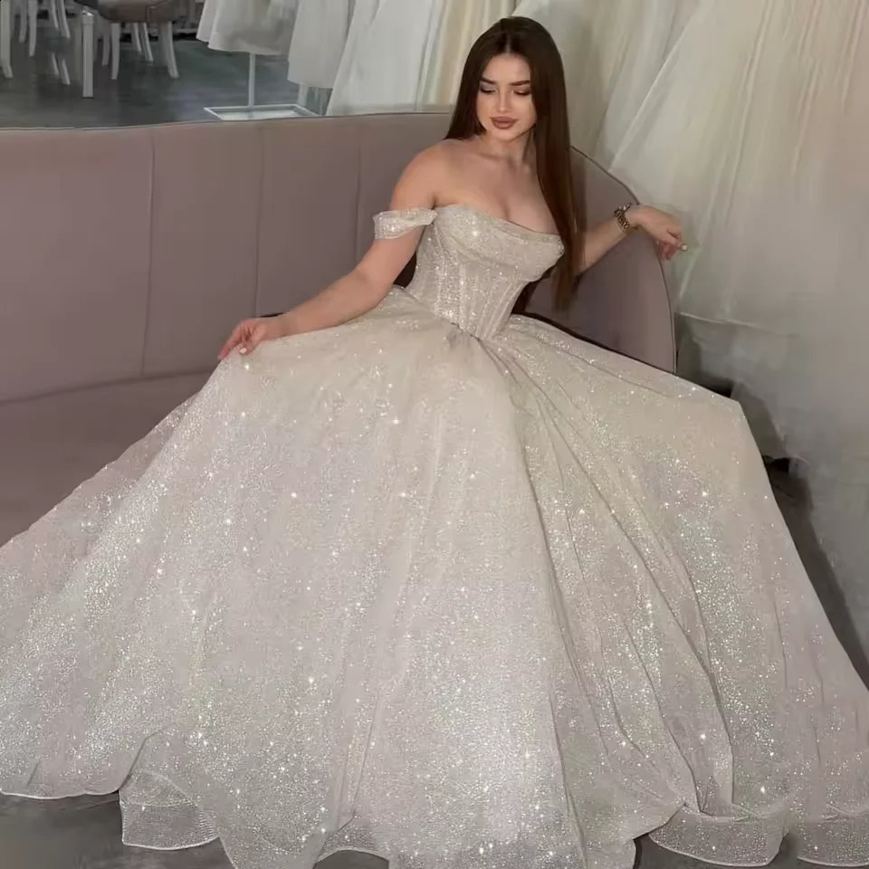 Customized Moden Prom Dress 2026 Glitter Tulle Off the Shoulder Wedding Party Boatneck Aline FloorLength Evening Gowns 260520 - view 5
