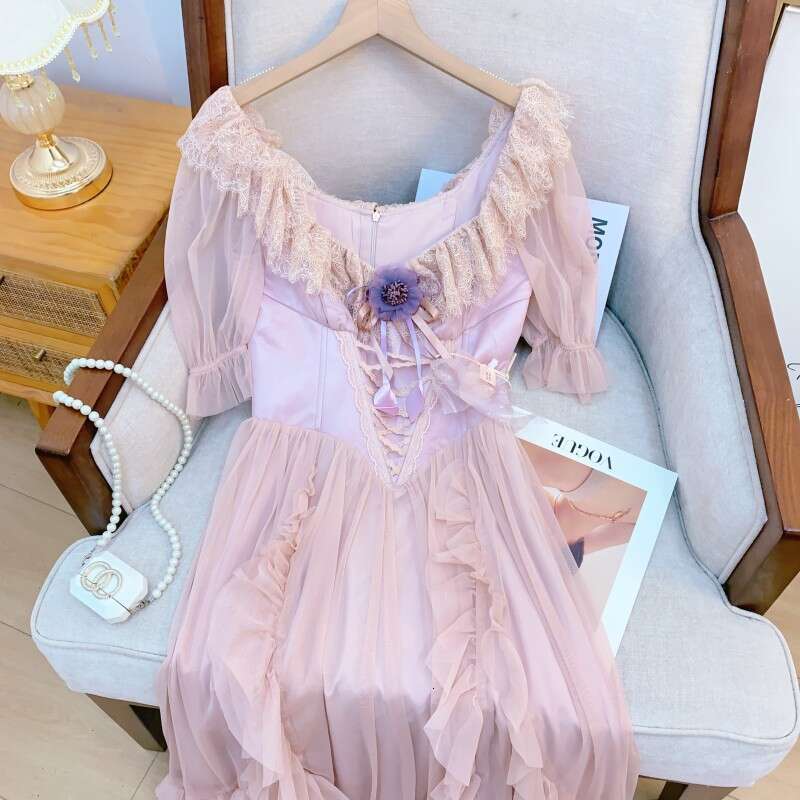 French Court Style Fairy Dress Waist Slimming Perspective Mesh Lace Splicing Elegant Women Daily Party Dress MAKOUFEI