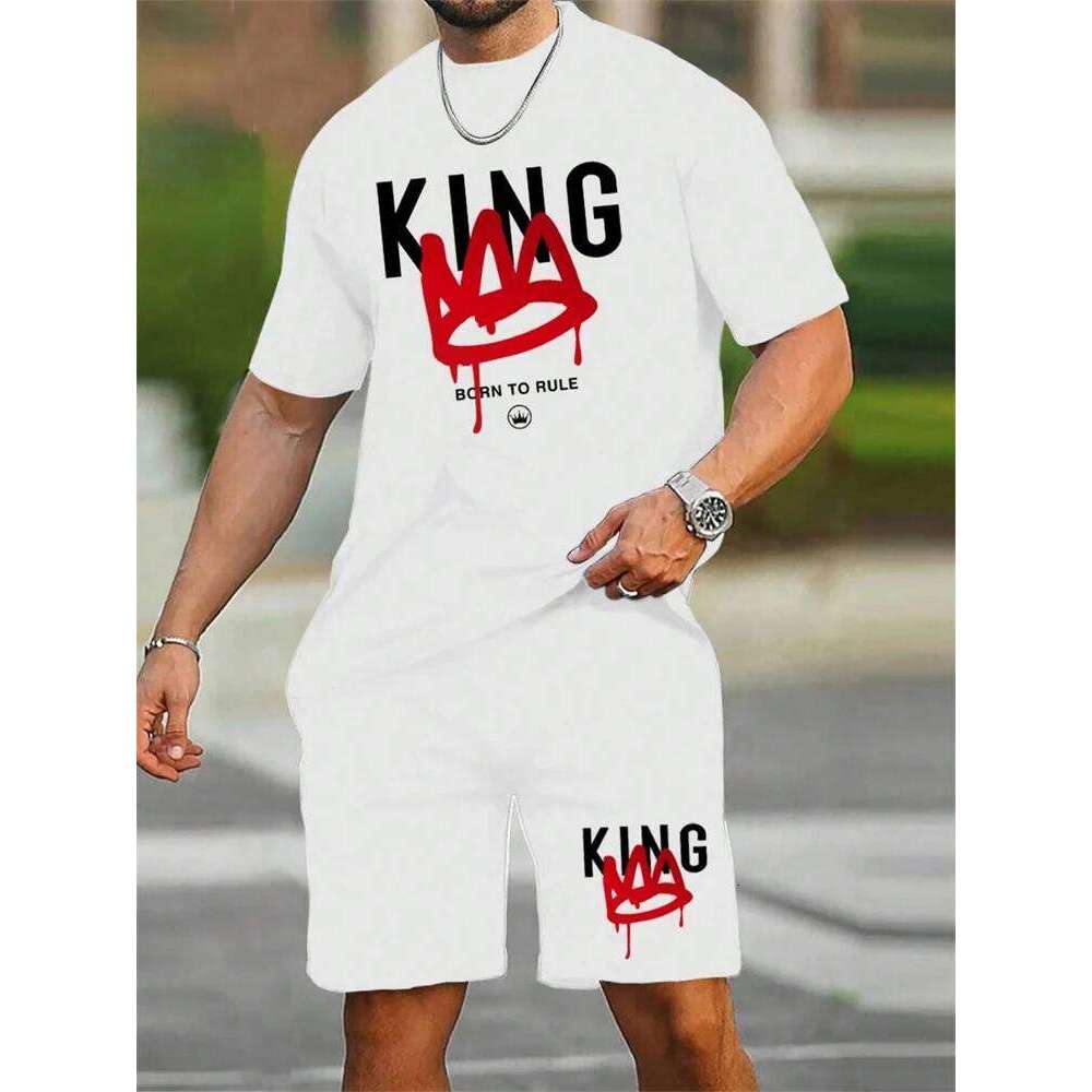 New Men's Short Sleeve Set Fashion King Printed T-Shirt Shorts 2 Sets of Casual Round Neck Jumper Breathable Sportswear 26Y0520