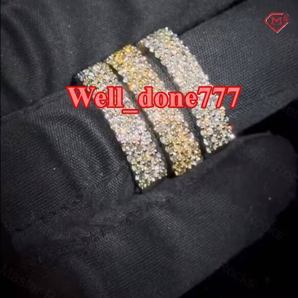 Hiphop Moissanite Ring 3 Rows Pave Setting Eternity Band Ring 925 Silver Gold Plated Vvs Moissanite Ring