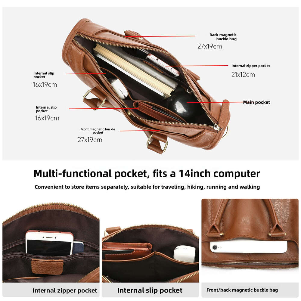 Men Classic Genuine Leather Business Handbag Premium Cowhide Material Casual Versatile Shoulder Crossbody Bag Stylish Travel Office Commute Briefcase 