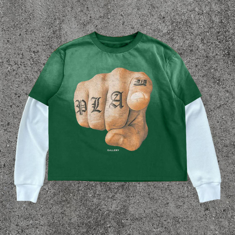 Men's T Shirts Retro Gothic Punk Stamping Craft Double Layer Long Sleeved Pullover Men Clothing Round Neck Sweatshirt Tops Streetwear
