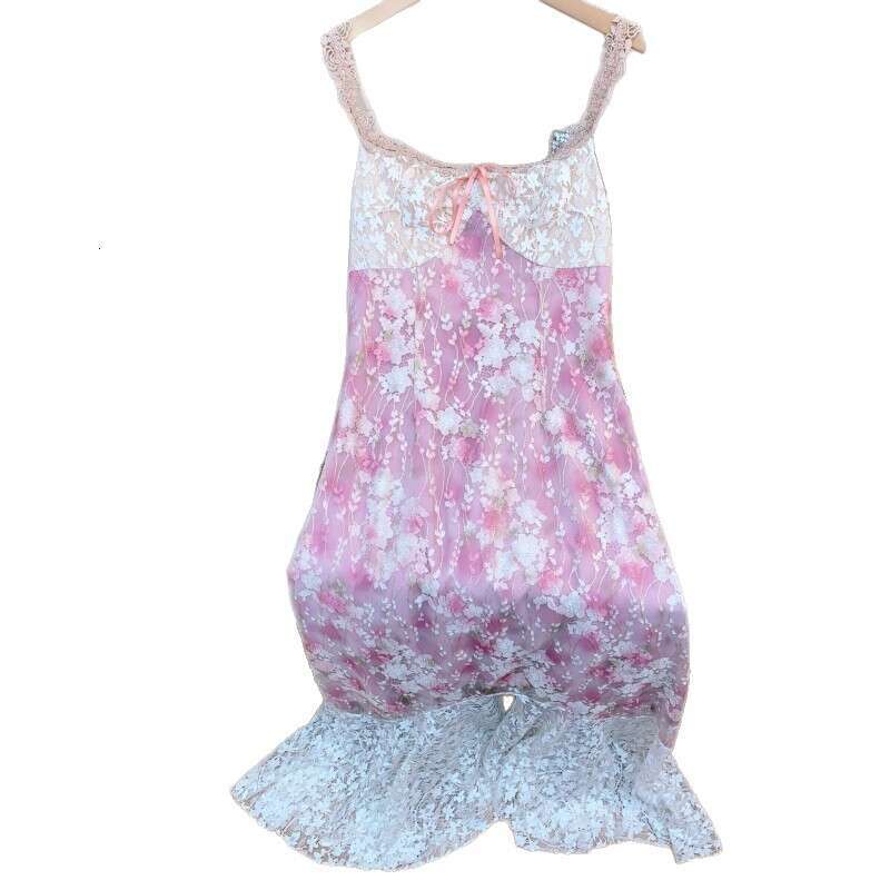 French Lace Camisole Dress Pink Floral Irregular Mermaid Hem Super Fairy Elegant Slim Women Long Dress MAKOUFEI