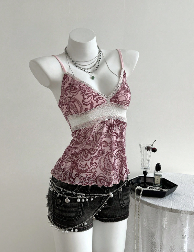 Harajuku Vintage Aesthetic Womens Casual Camisole Tee Sexy Slim Chic Floral Print Crop Top Y2K Grunge Punk Emo Girls Streetwear 250415