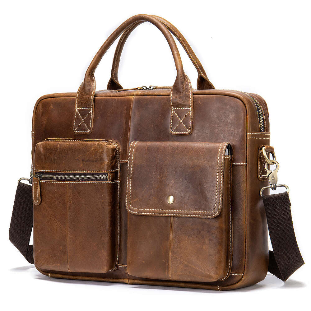 Men Business Genuine Leather Briefcase Retro Top Layer Cowhide Design Stylish Casual Official Handbag Multi-purpose Office Commute Shoulder Bag SENYY