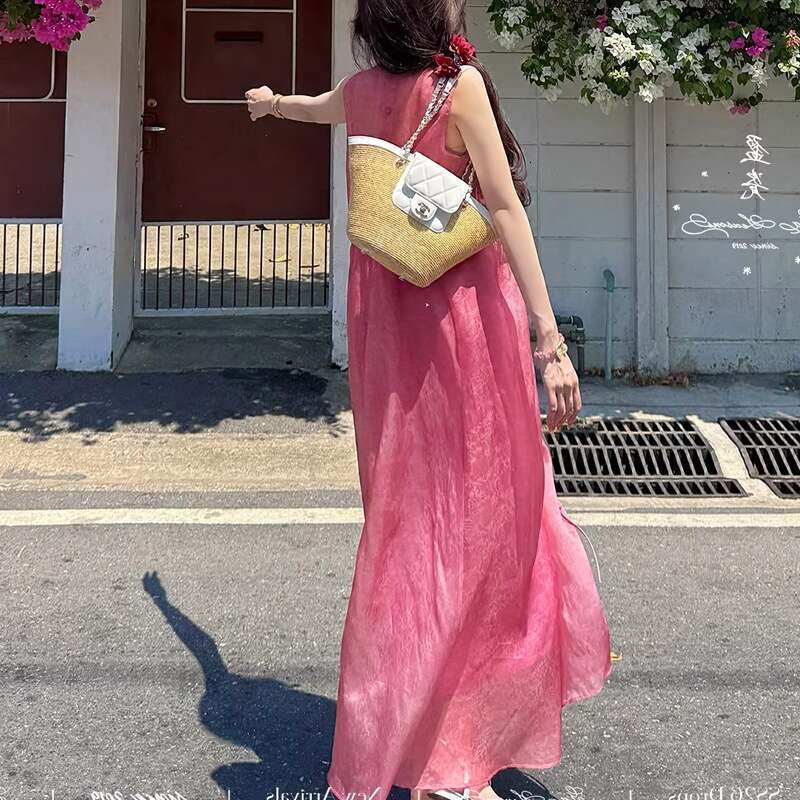 2026 Summer New Raspberry Pink Drawstring Pullover Dress, Loose and Casual Silk Vacation Dress