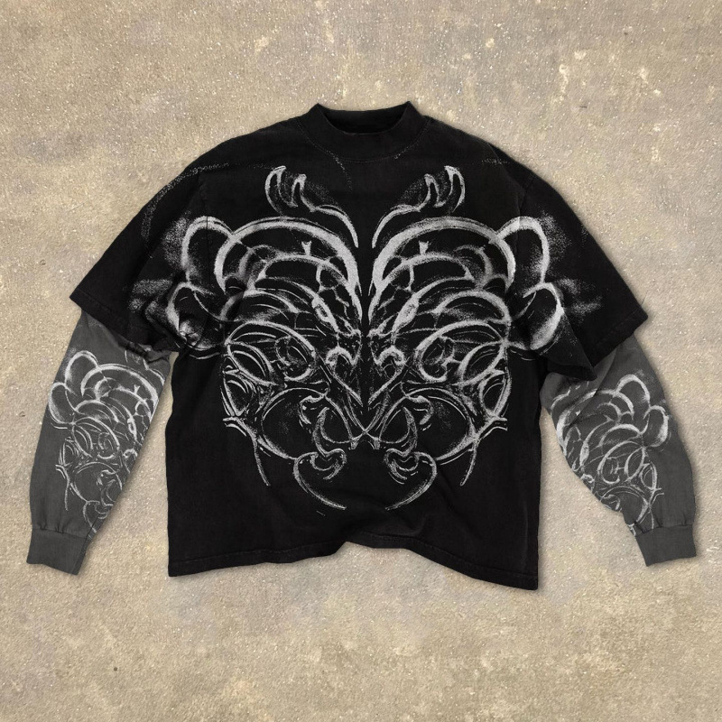 Men's T Shirts Retro Gothic Punk Stamping Craft Double Layer Long Sleeved Pullover Men Clothing Round Neck Sweatshirt Tops Streetwear