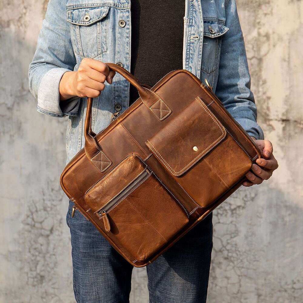 Men Business Genuine Leather Briefcase Retro Top Layer Cowhide Design Stylish Casual Official Handbag Multi-purpose Office Commute Shoulder Bag SENYY
