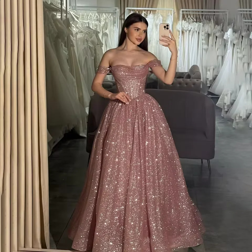 Customized Moden Prom Dress 2026 Glitter Tulle Off the Shoulder Wedding Party Boatneck Aline FloorLength Evening Gowns 260520