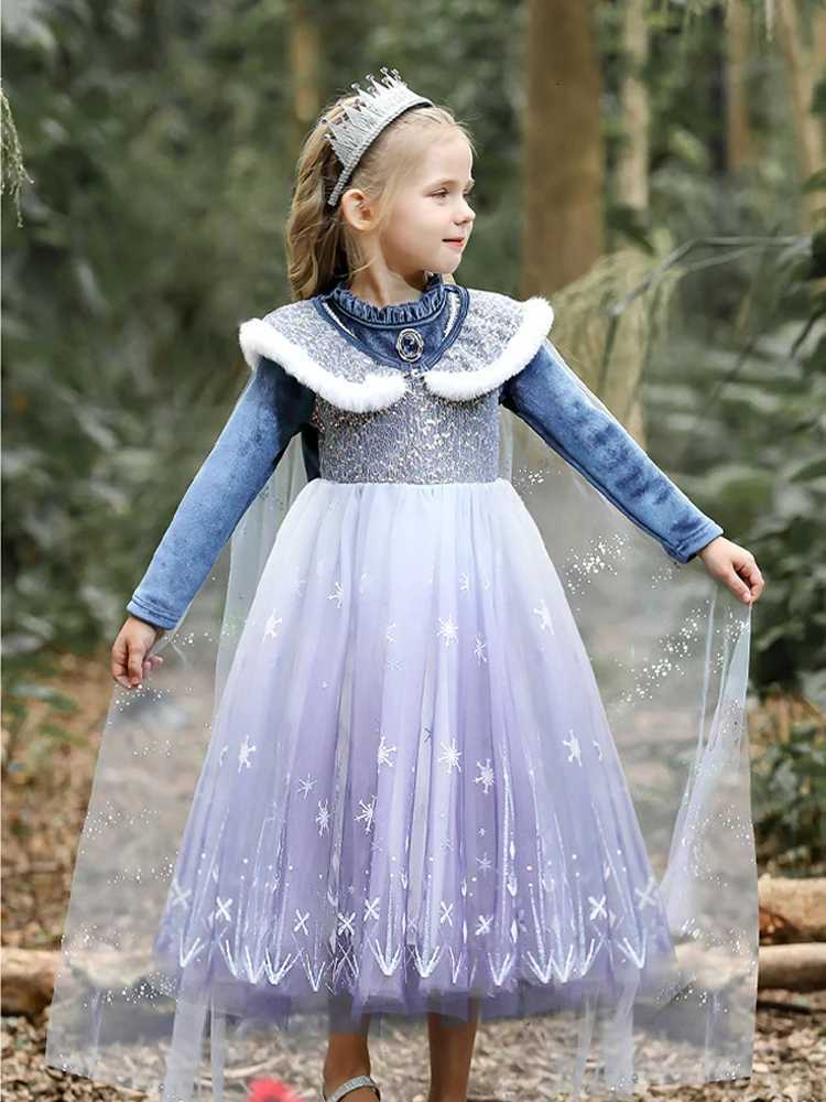 Girls Spring 2026 New Velvet Elsa Frozen Princess Dress Kids Blue Cape 2 Piece Set Warm Dresses For Girl Party 3-9 Years Old ZHR260520