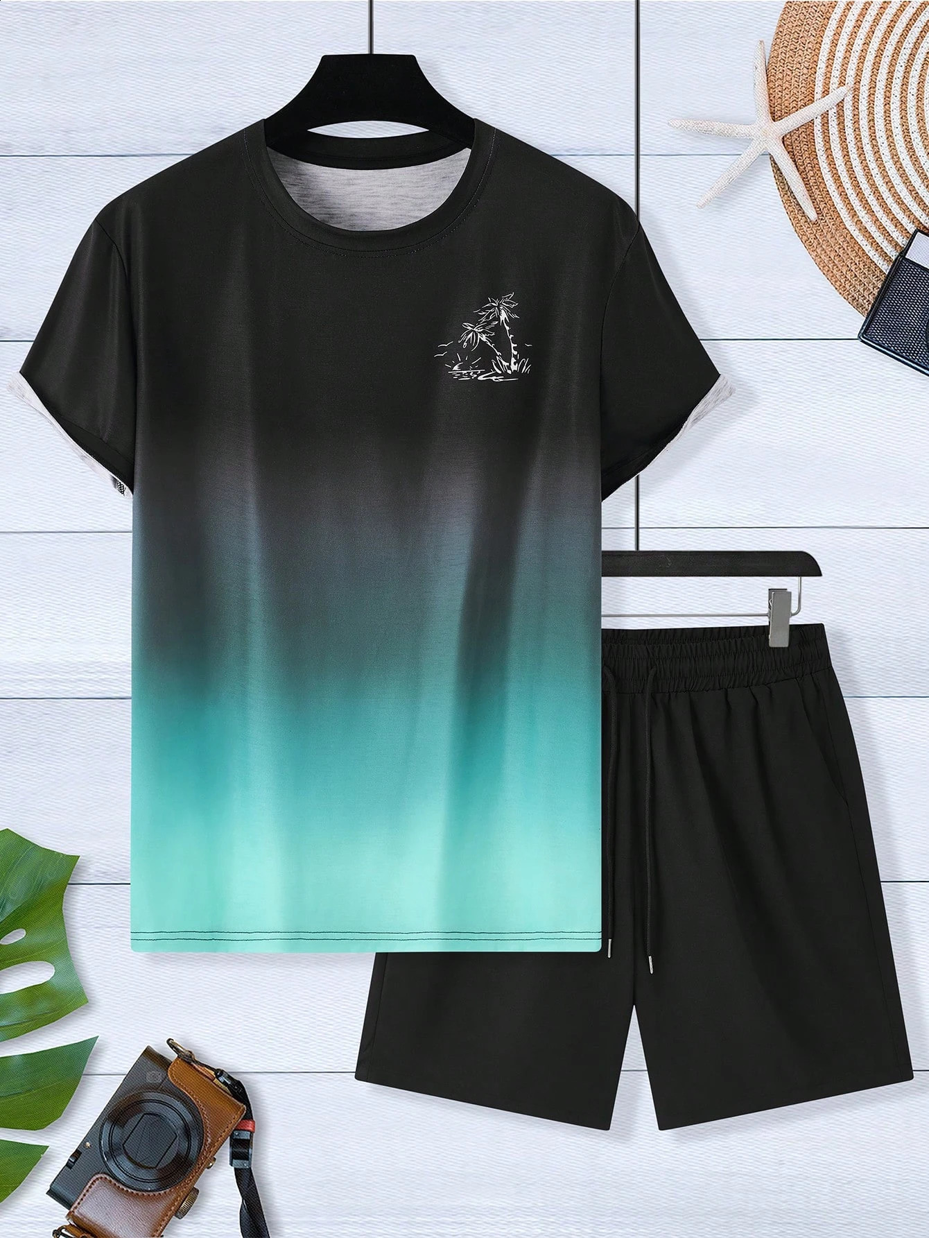 Palm Tree Printed Men Spring and Summer Two Pieces Set Casual Round Neck Short Sleeve Tshirt Shorts Sport Suit Print Clothing 260520