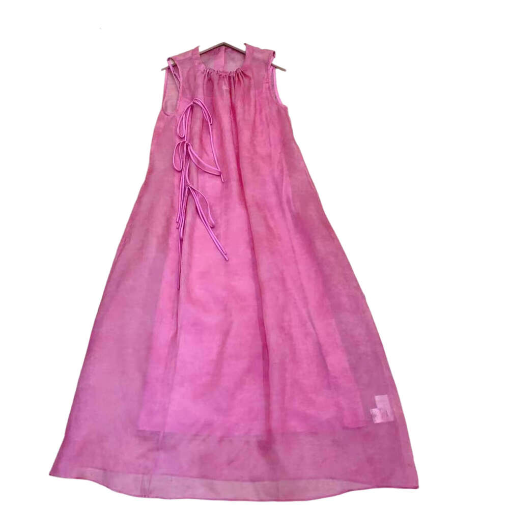2026 Summer New Raspberry Pink Drawstring Pullover Dress, Loose and Casual Silk Vacation Dress