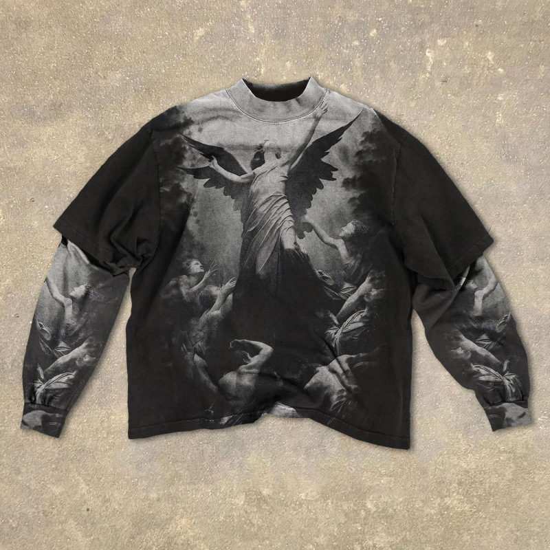 Men's T Shirts Retro Gothic Punk Stamping Craft Double Layer Long Sleeved Pullover Men Clothing Round Neck Sweatshirt Tops Streetwear