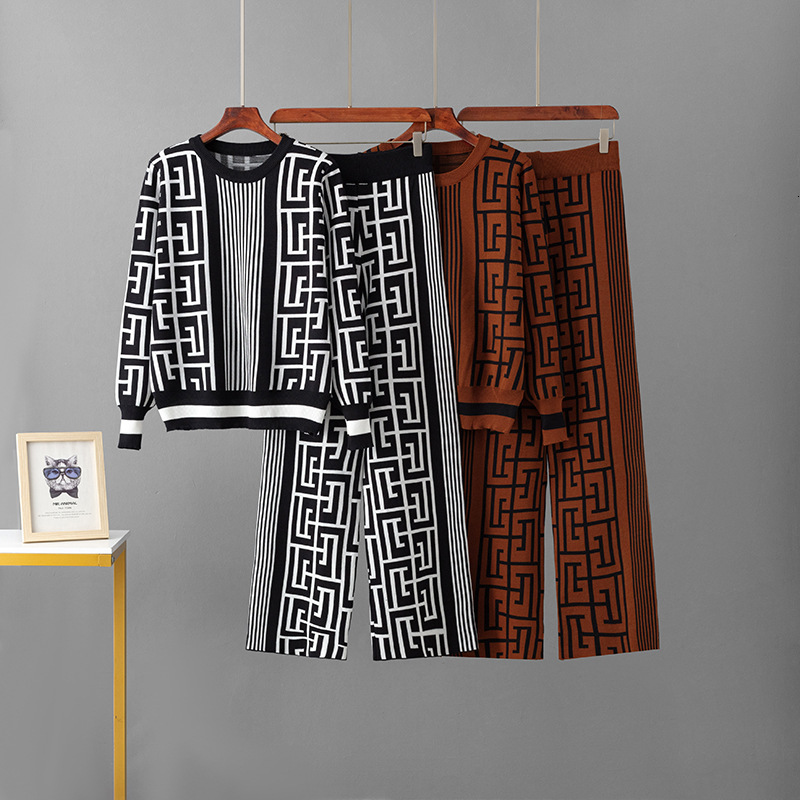 Suit For Women Knitted Pullover Sweater Wide Leg Pants European Style Trendy Casual Matching Outfit