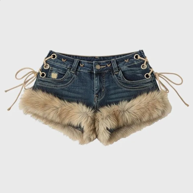 Winter Womens Retro n Fluffy Splicing Jeans Shorts Y2k Low-rise Strap Slim Pants 260520