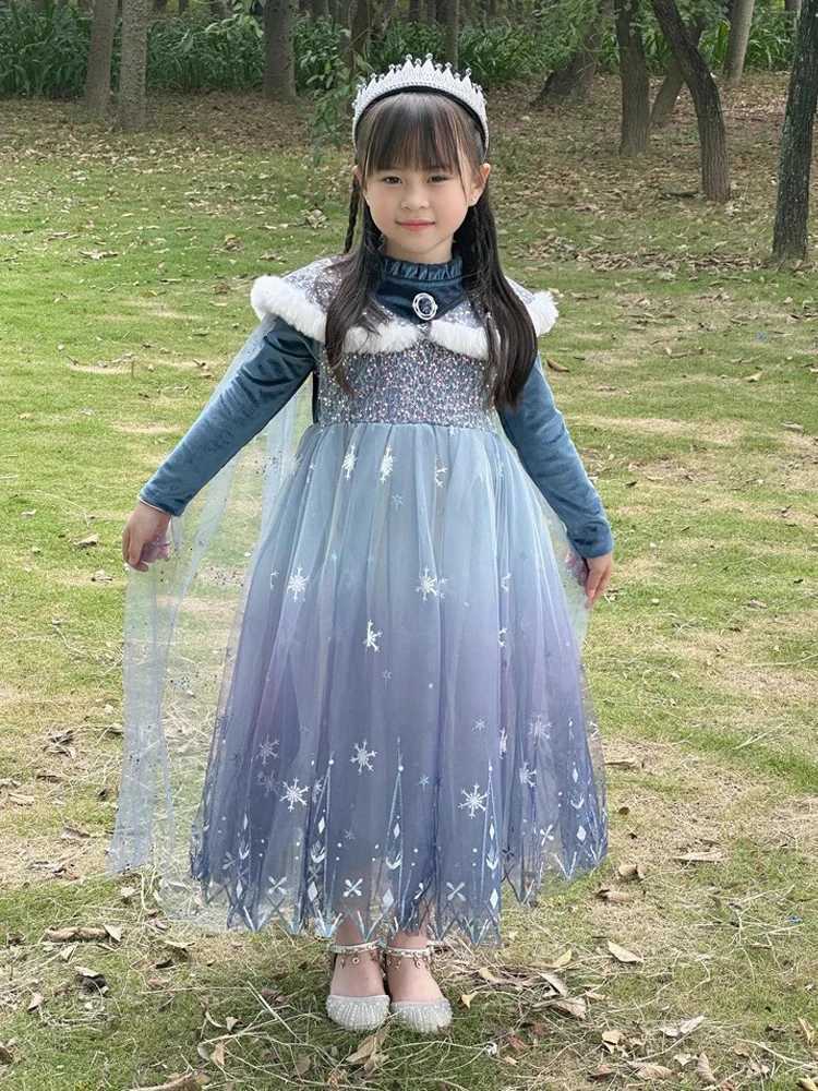 Girls Spring 2026 New Velvet Elsa Frozen Princess Dress Kids Blue Cape 2 Piece Set Warm Dresses For Girl Party 3-9 Years Old ZHR260520