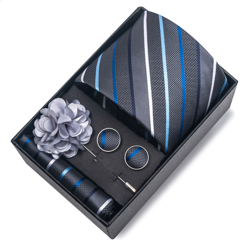 Stripes Silk Ties for Men Wedding Accessories Mens Necktie Pocket Square Cufflinks Pin And Elegant Gift Box 260403