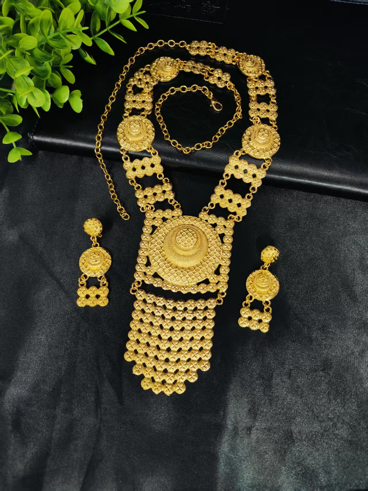 Bridal Indian Necklace Sets 24K Gold Plated Long Pendant For Women Nigeria African Dubai Wedding Earring Jewelry Set Party Gift