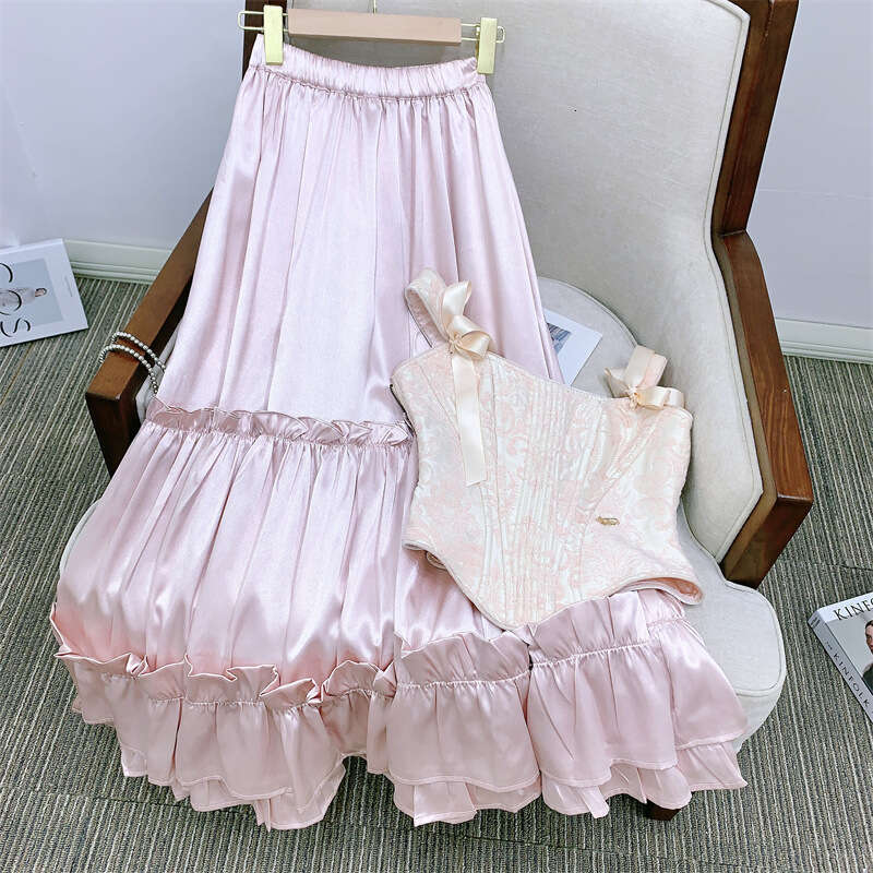 Elegant French Court Princess Dress Jacquard Fishbone Corset Design Ruffled Satin Skirt Stylish Slimming Fashion Daily Party Summer Women Outfit MAKOU