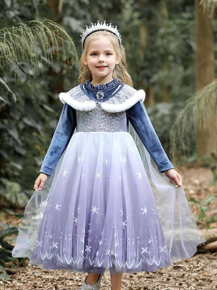 Girls Spring 2026 New Velvet Elsa Frozen Princess Dress Kids Blue Cape 2 Piece Set Warm Dresses For Girl Party 3-9 Years Old ZHR260520