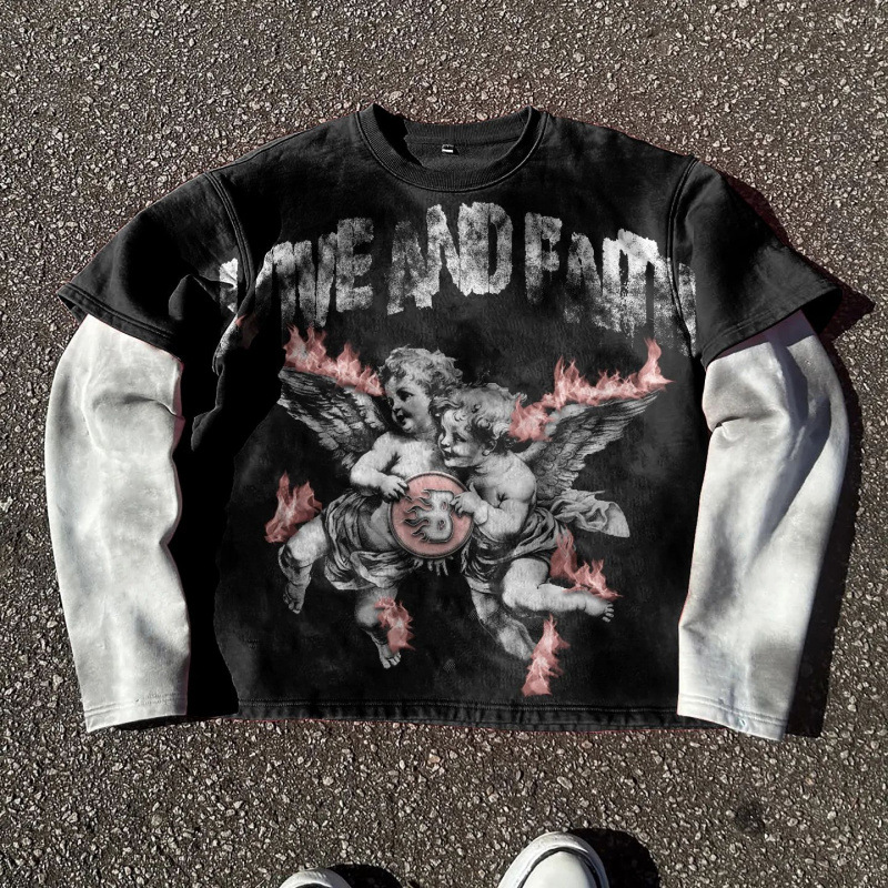 Men's T Shirts Retro Gothic Punk Stamping Craft Double Layer Long Sleeved Pullover Men Clothing Round Neck Sweatshirt Tops Streetwear