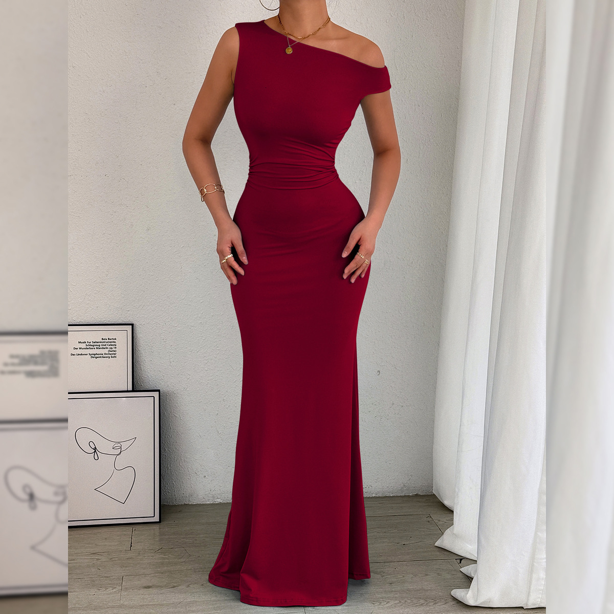 Dresses for Women Designer Asymmetrical Off Shoulder Ruched Waist Mermaid Maxi Dress Elegant Formal Evening Party Gown
