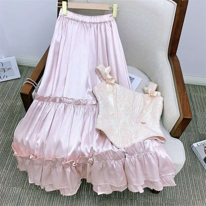 Elegant French Court Princess Dress Jacquard Fishbone Corset Design Ruffled Satin Skirt Stylish Slimming Fashion Daily Party Summer Women Outfit MAKOU