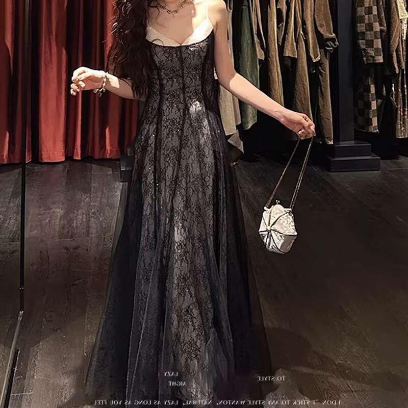 In Production New Chinese Style Summer V Neck Strap Dress Mesh Waist Design Elegant Fishtail Long Dress For Women MAKOUFEI
