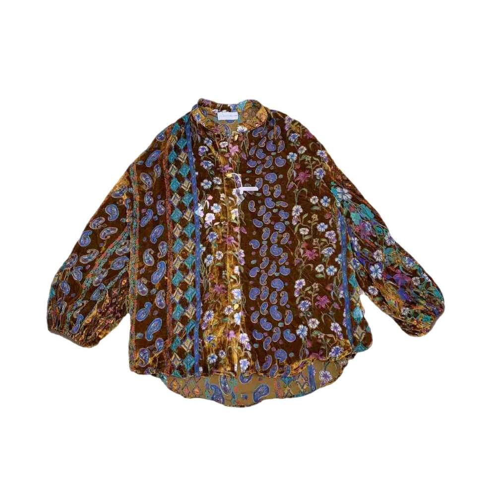 Elegant Flower Window Shadow Velvet Burnout Shirt Classic Glass Window Pattern Design Autumn New Stylish Casual Versatile Daily Commute Women Top MAKO