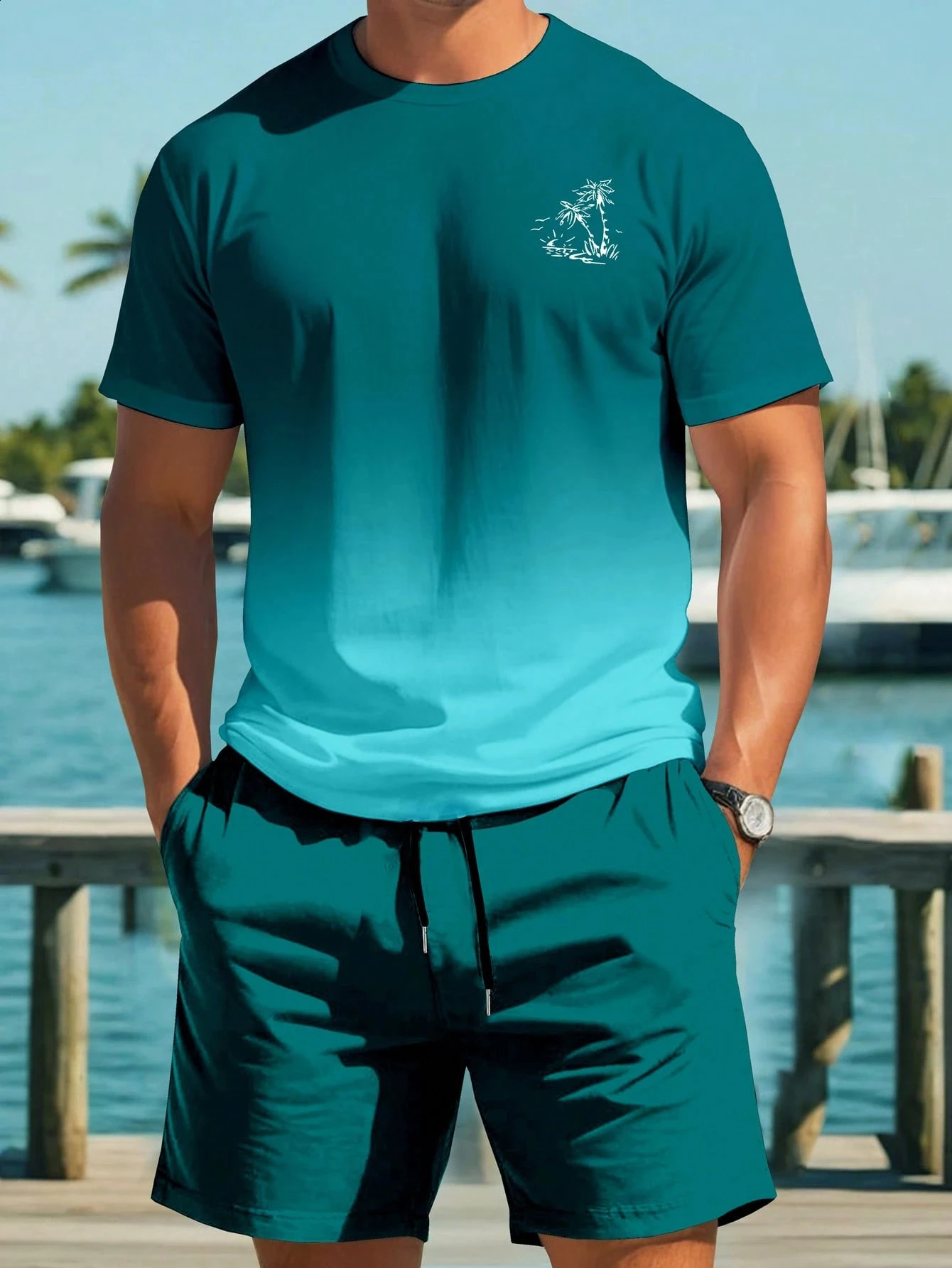 Palm Tree Printed Men Spring and Summer Two Pieces Set Casual Round Neck Short Sleeve Tshirt Shorts Sport Suit Print Clothing 260520