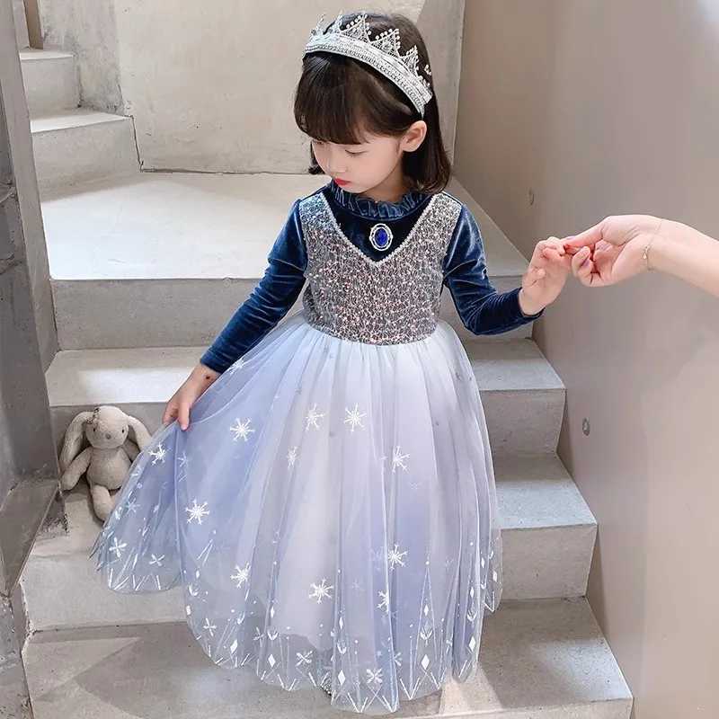 Girls Spring 2026 New Velvet Elsa Frozen Princess Dress Kids Blue Cape 2 Piece Set Warm Dresses For Girl Party 3-9 Years Old ZHR260520