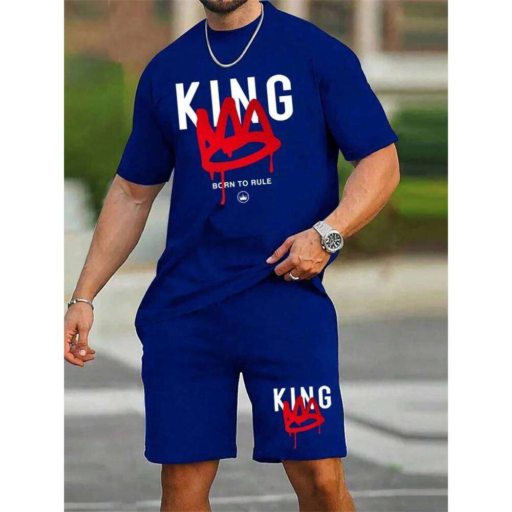 New Men's Short Sleeve Set Fashion King Printed T-Shirt Shorts 2 Sets of Casual Round Neck Jumper Breathable Sportswear 26Y0520