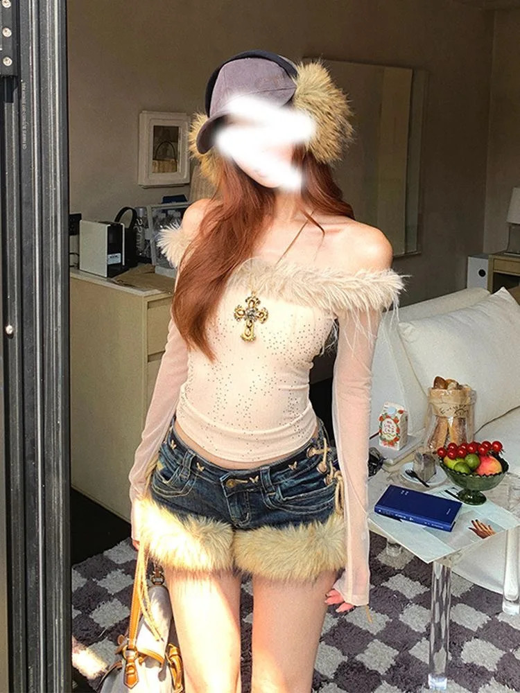 Winter Womens Retro n Fluffy Splicing Jeans Shorts Y2k Low-rise Strap Slim Pants 260520 - view 4