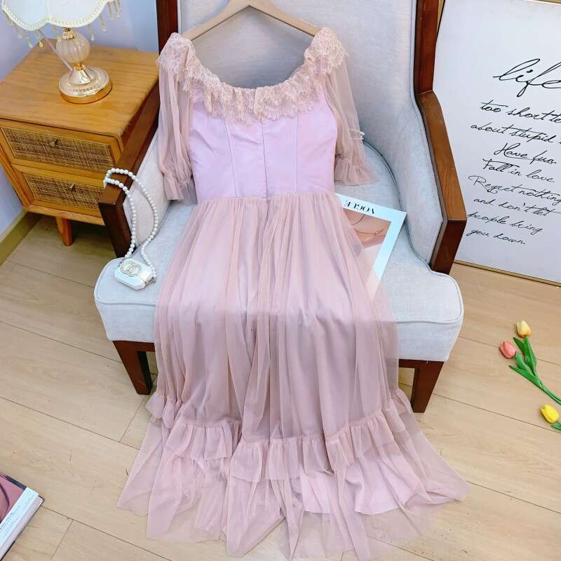 French Court Style Fairy Dress Waist Slimming Perspective Mesh Lace Splicing Elegant Women Daily Party Dress MAKOUFEI