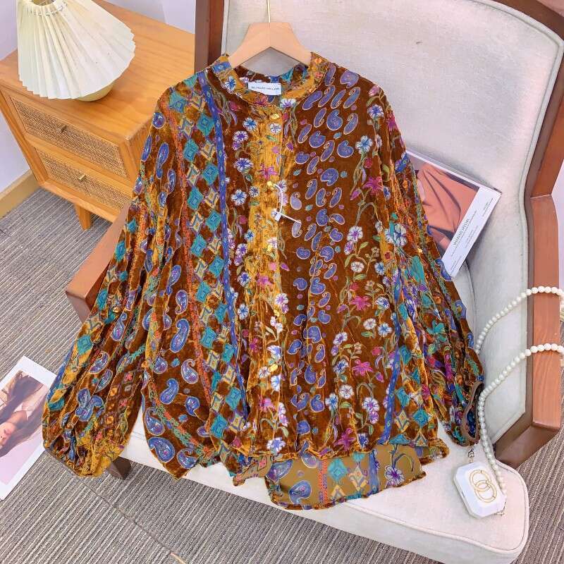 Elegant Flower Window Shadow Velvet Burnout Shirt Classic Glass Window Pattern Design Autumn New Stylish Casual Versatile Daily Commute Women Top MAKO