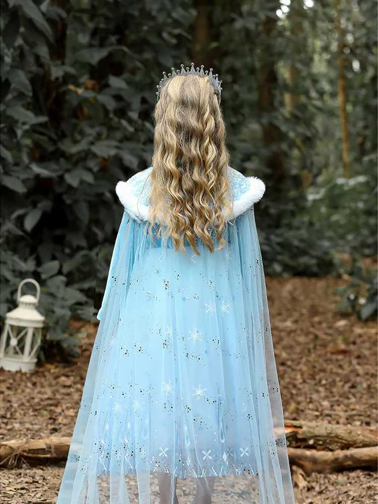 Girls Spring 2026 New Velvet Elsa Frozen Princess Dress Kids Blue Cape 2 Piece Set Warm Dresses For Girl Party 3-9 Years Old ZHR260520