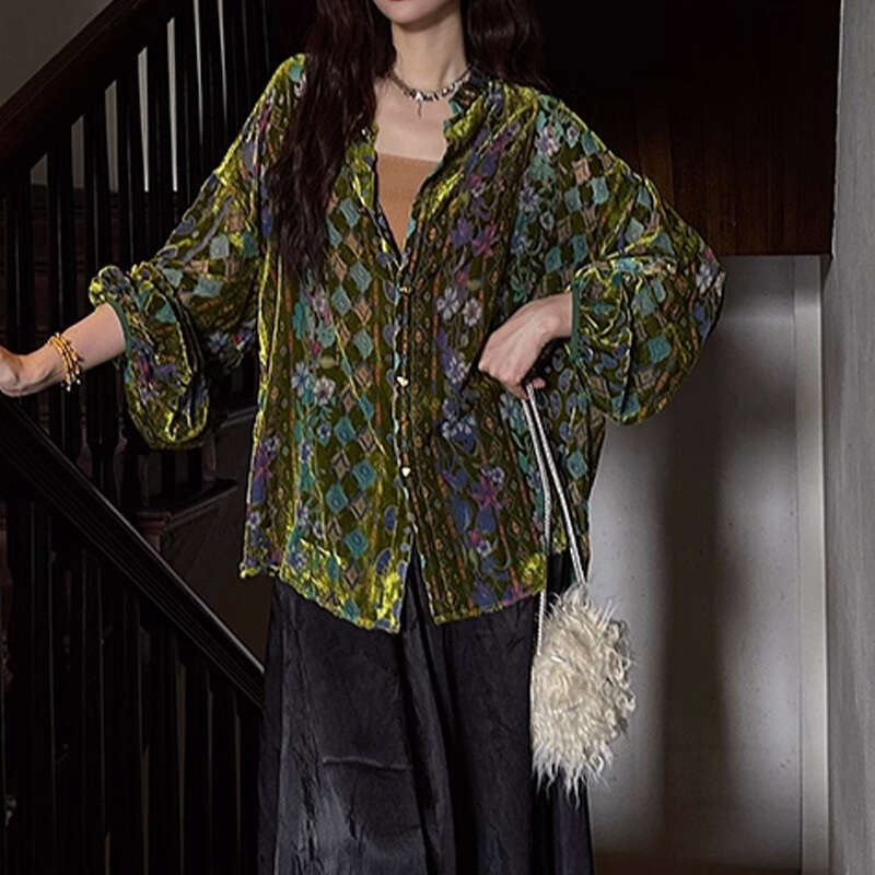 Elegant Flower Window Shadow Velvet Burnout Shirt Classic Glass Window Pattern Design Autumn New Stylish Casual Versatile Daily Commute Women Top MAKO