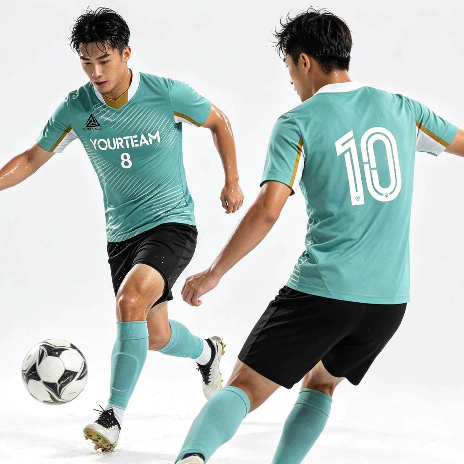 Custom Soccer Jersey Set Men Mint Green with Gold Accent Football Uniform with Shorts Personalized Name Number Breathable Quick Dry Kit - view 3