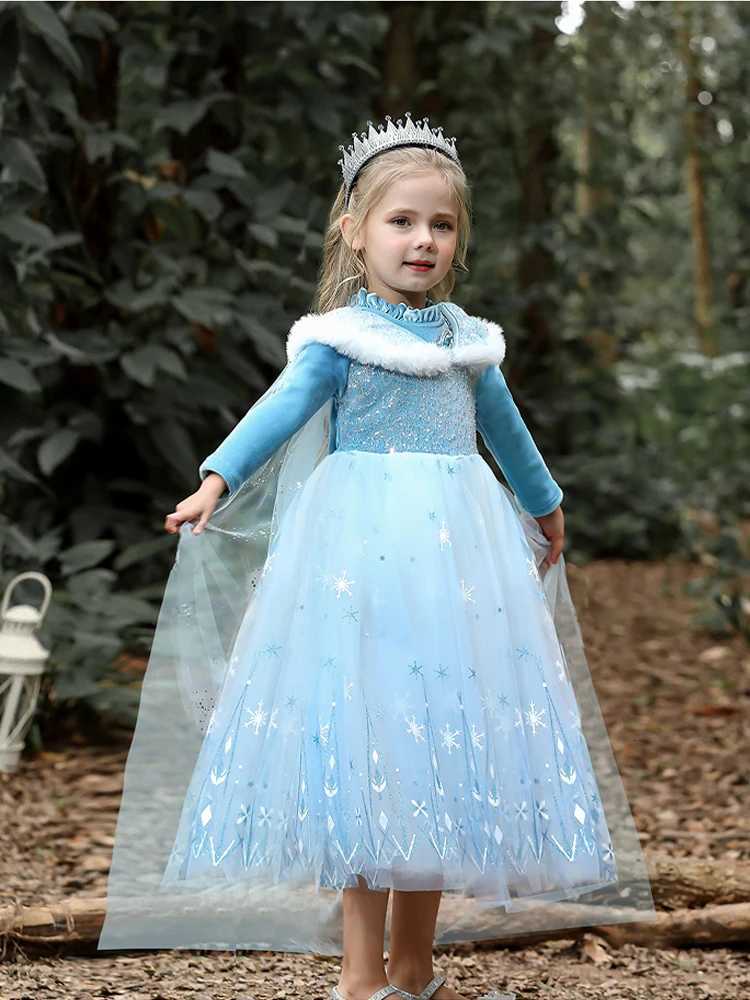 Girls Spring 2026 New Velvet Elsa Frozen Princess Dress Kids Blue Cape 2 Piece Set Warm Dresses For Girl Party 3-9 Years Old ZHR260520