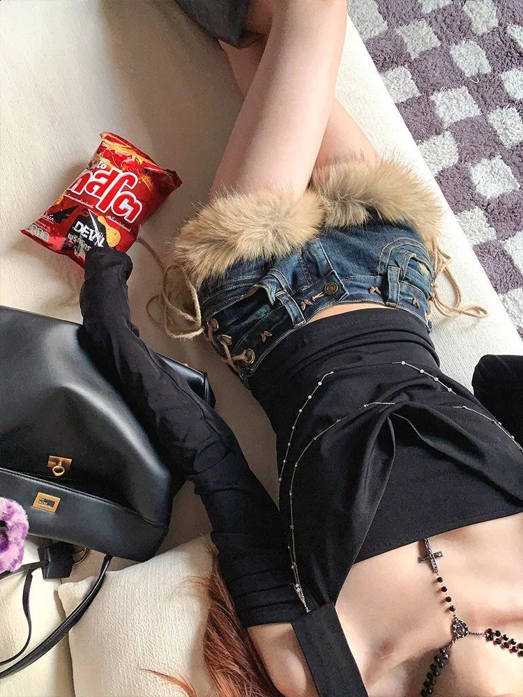 Winter Womens Retro n Fluffy Splicing Jeans Shorts Y2k Low-rise Strap Slim Pants 260520 - view 6
