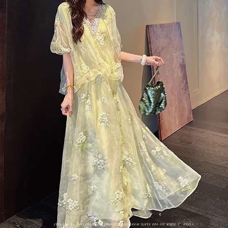 Elegant Bead Embroidery Gold Dyed Mesh Dress Fashion New Chinese Style Summer Loose Casual High Grade Elegant Daily Party Women Clothing MAKOUFEI