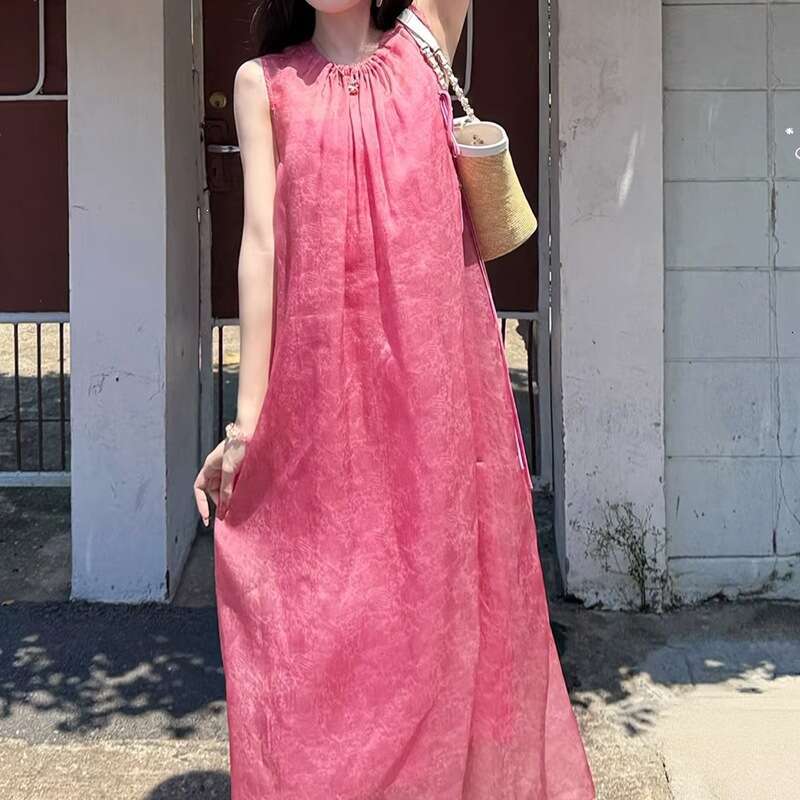 2026 Summer New Raspberry Pink Drawstring Pullover Dress, Loose and Casual Silk Vacation Dress